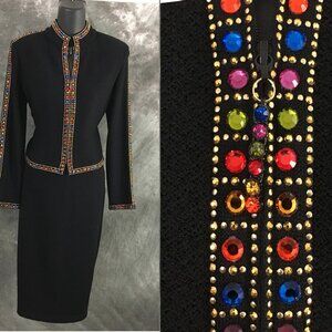 BEAUTIFUL St John evening knit black multi rhinestones embellished skirt suit 4